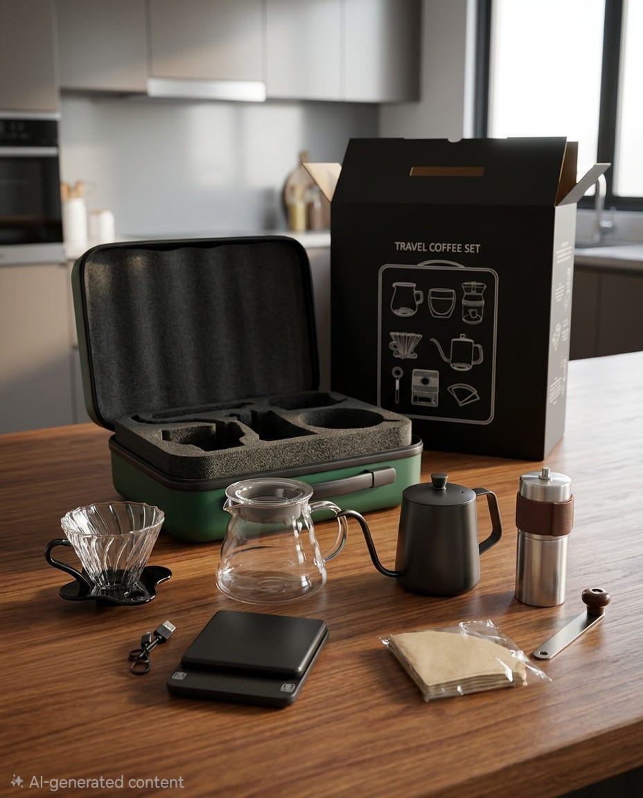 6-Piece Portable Travel Coffee Set – Pour Over Brewing Kit with Grinder & Accessories