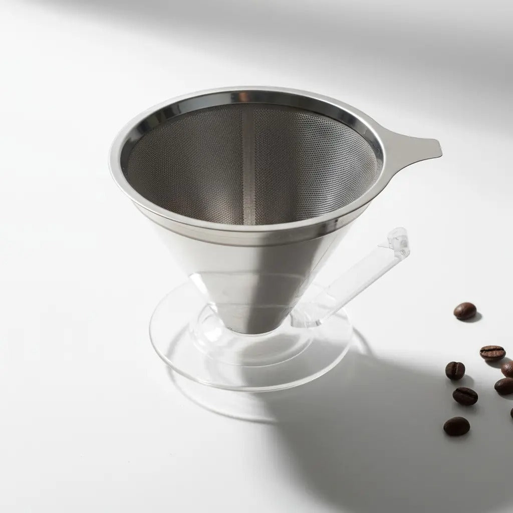 V60 Cone Filter for Pourover Coffee, Stainless Steel, with Acrylic Holder