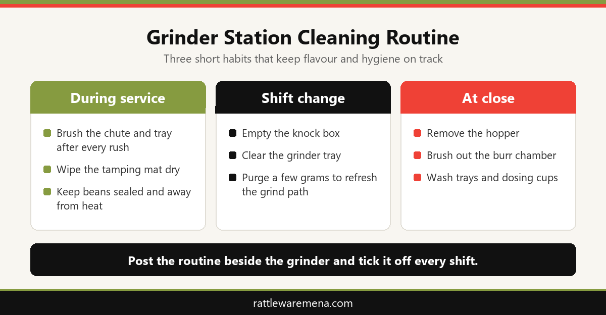 Infographic showing the during service, shift change and closing cleaning routine for a commercial grinder station